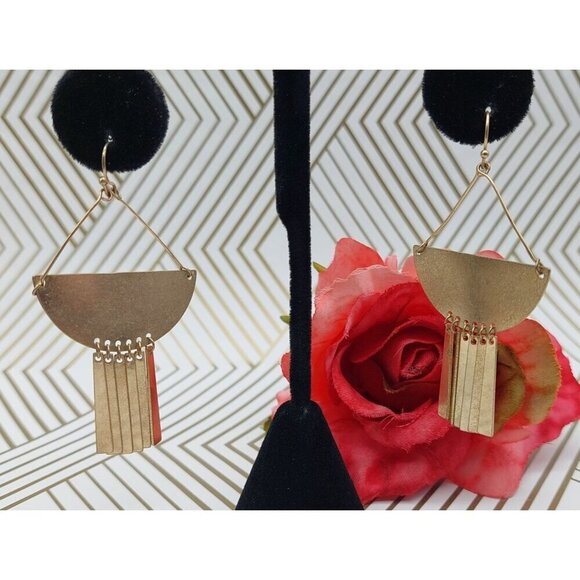 Lot of 2 Gold Tone Dangle Drop Earrings Art Deco Semi Circles and Crystal Hoops - Picture 7 of 10